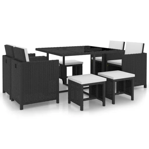 Conjunto Jantar Exterior com Almofadões Vime PE Preto (9 pcs)