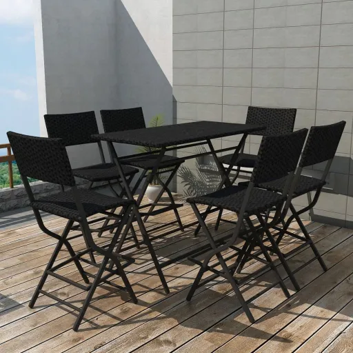 Conjunto de Jantar Dobrável Jardim Aço e Vime PE Preto (7 pcs)