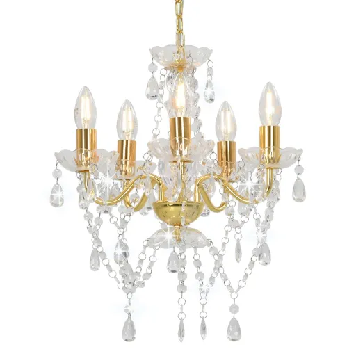 Lustre com Contas de Cristal Redondo 5 x E14 Dourado