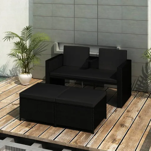 Conjunto Lounge para Jardim c/ Almofadões Vime PE Preto (3 pcs)