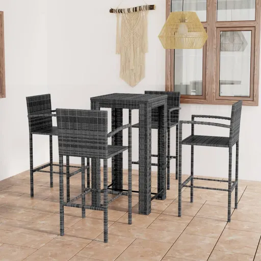 Conjunto de Bar Exterior c/ Apoio de Braços Vime PE Cinza (5 pcs)