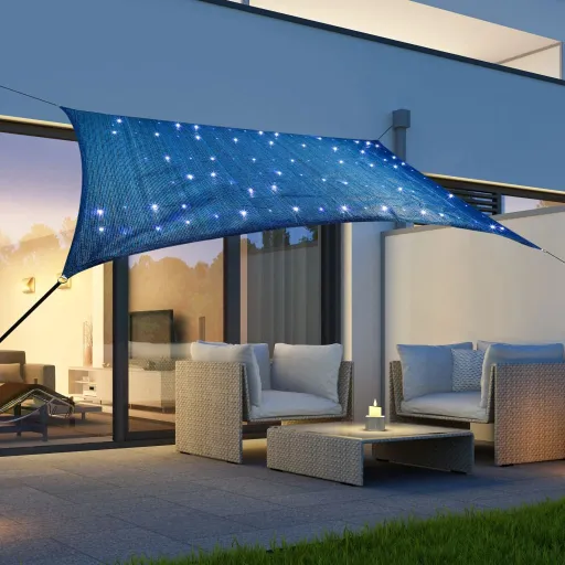 HI Para-Sol Estilo Vela com 100 Luzes LED 2x3 m Azul-Claro