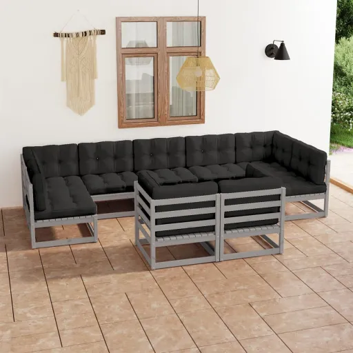 Conjunto Lounge de Jardim c/ Almofadões Pinho Maciço Cinza (9 pcs)