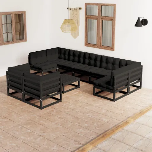 Conjunto Lounge Jardim c/ Almofadões Pinho Maciço Preto (10 pcs)