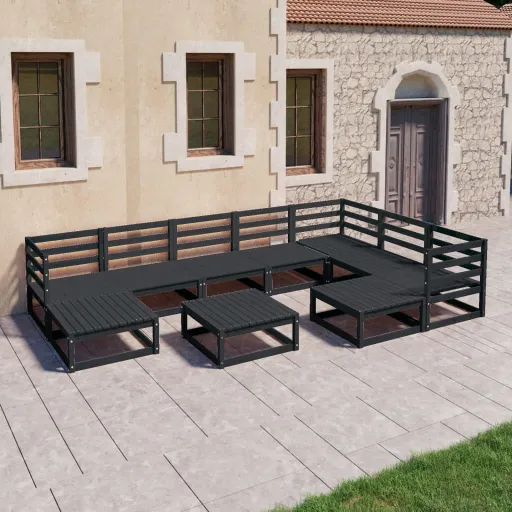 Conjunto Lounge de Jardim Pinho Maciço Preto (10 pcs)