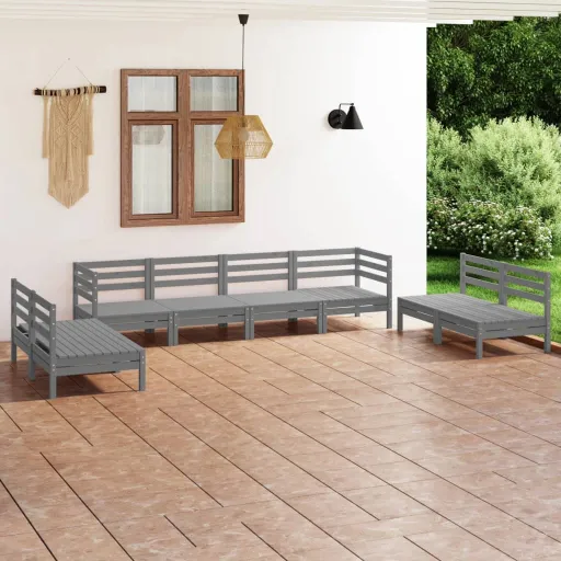 Conjunto Lounge de Jardim Pinho Maciço Cinzento (8 pcs)