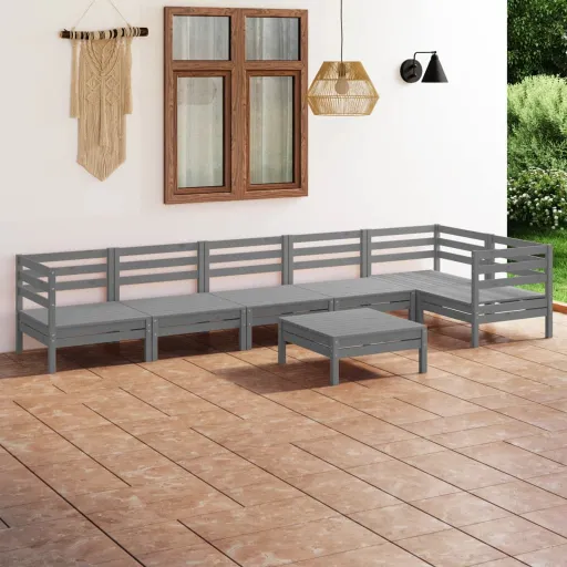 Conjunto Lounge de Jardim Pinho Maciço Cinzento (7 pcs)