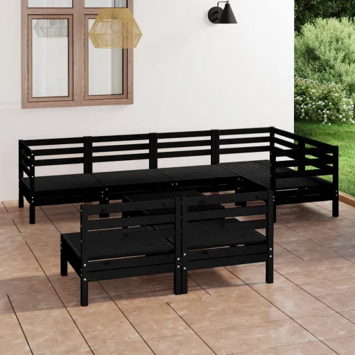 Conjunto Lounge de Jardim Pinho Maciço Preto (8 pcs)