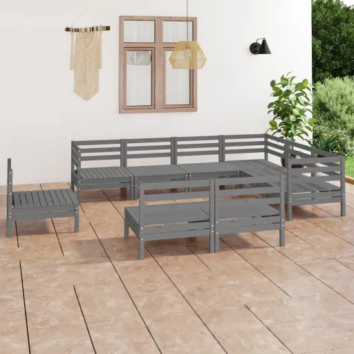 Conjunto Lounge de Jardim Pinho Maciço Cinzento (9 pcs)