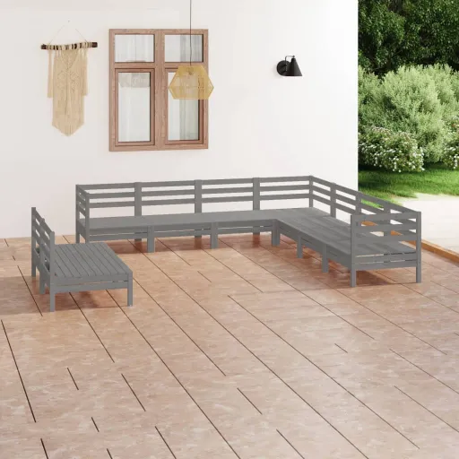 Conjunto Lounge de Jardim Pinho Maciço Cinzento (9 pcs)