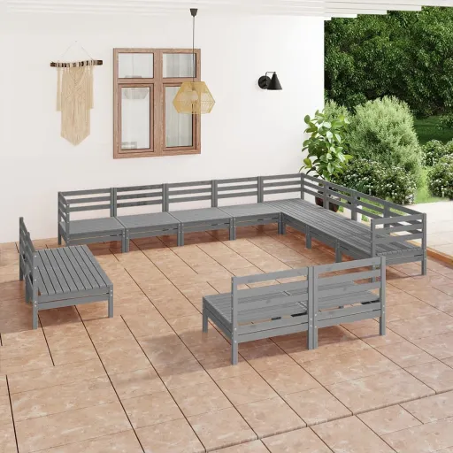 Conjunto Lounge de Jardim Pinho Maciço Cinzento (12 pcs)