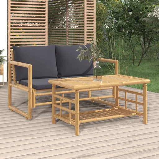 Conj. Lounge de Jardim Bambu c/ Almofadões Cinzento-Escuro (2 pcs)