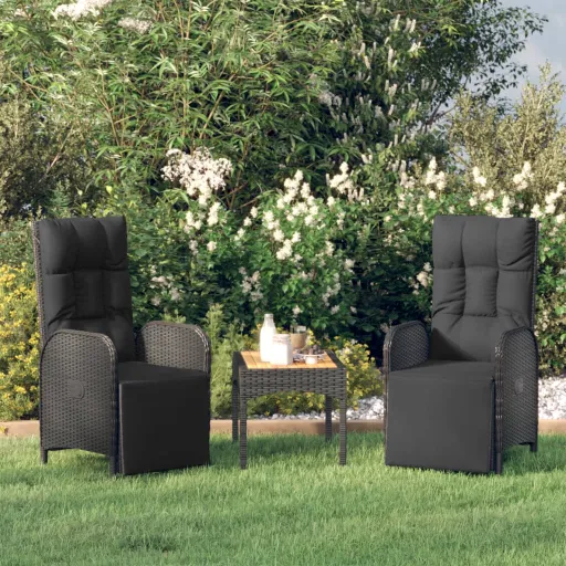 Poltronas Reclináveis Exterior c/ Almofadões   Vime PE Preto (2 pcs)