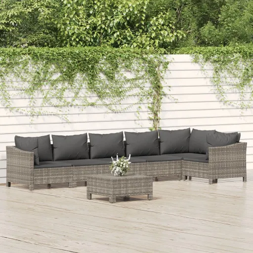 Conjunto Lounge de Jardim c/ Almofadões Vime PE Cinzento (7 pcs)