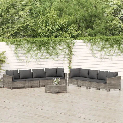 Conjunto Lounge de Jardim c/ Almofadões Vime PE Cinzento (9 pcs)