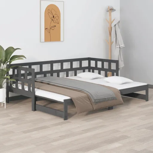 Estrutura Sofá-Cama de Puxar Pinho Maciço Cinza 2x(90x190) cm