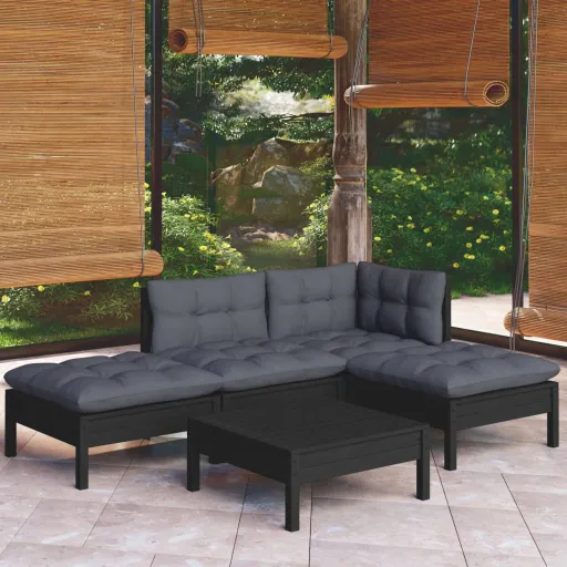 Conjunto Lounge de Jardim c/ Almofadões Pinho Preto (5 pcs)