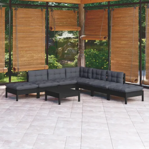 Conjunto Lounge de Jardim c/ Almofadões Pinho Preto (8 pcs)