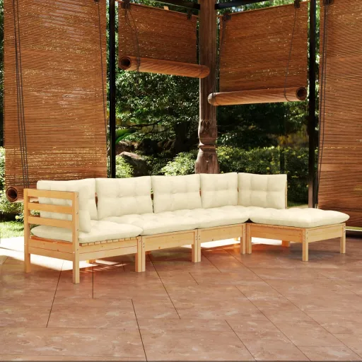 Conjunto Lounge de Jardim c/ Almofadões Creme Pinho (5 pcs)