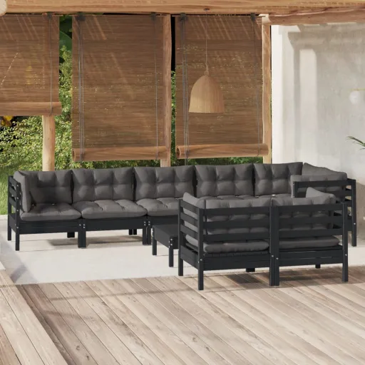 Conjunto Lounge Jardim c/ Almofadões Pinho Maciço Preto (9 pcs)