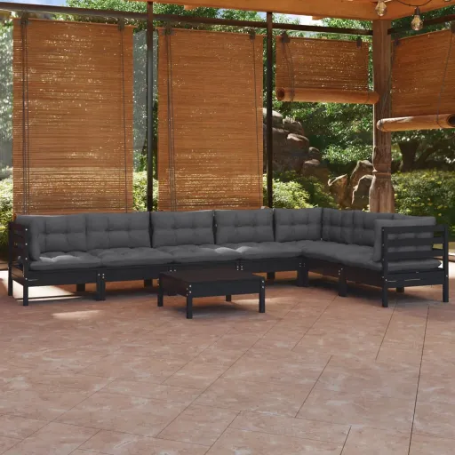 Conjunto Lounge Jardim c/ Almofadões Pinho Maciço Preto (8 pcs)