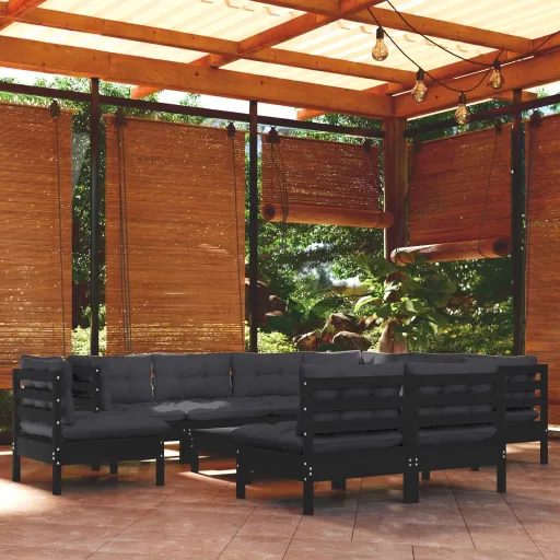 Conjunto Lounge Jardim c/ Almofadões Pinho Maciço Preto (10 pcs)