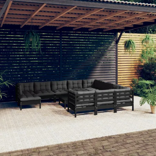 Conjunto Lounge de Jardim c/ Almofadões Pinho Preto (12 pcs)