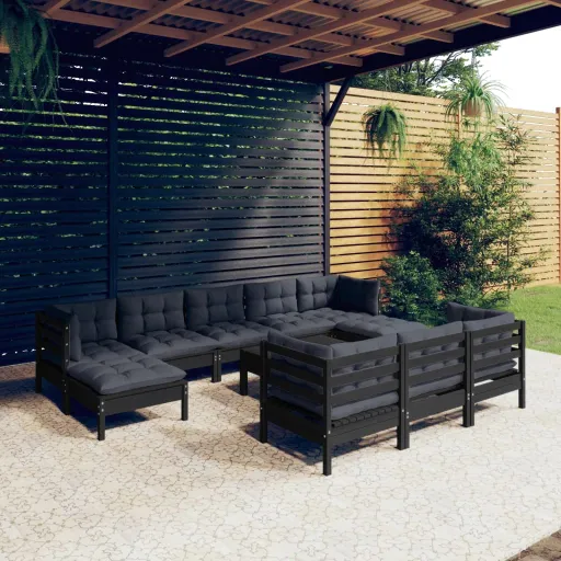 Conjunto Lounge Jardim c/ Almofadões Pinho Maciço Preto (11 pcs)