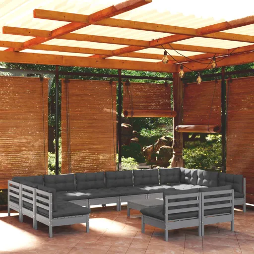 Conjunto Lounge de Jardim + Almofadões Pinho Maciço Cinza (13 pcs)