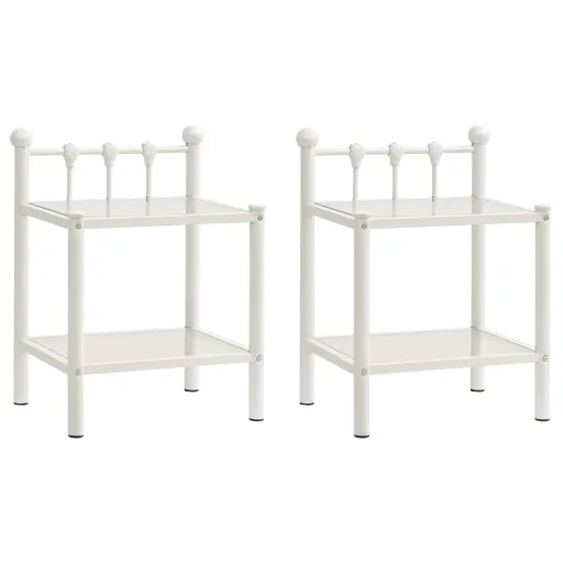 Mesas de Cabeceira   Metal Branco e Vidro Transparente (2 pcs)