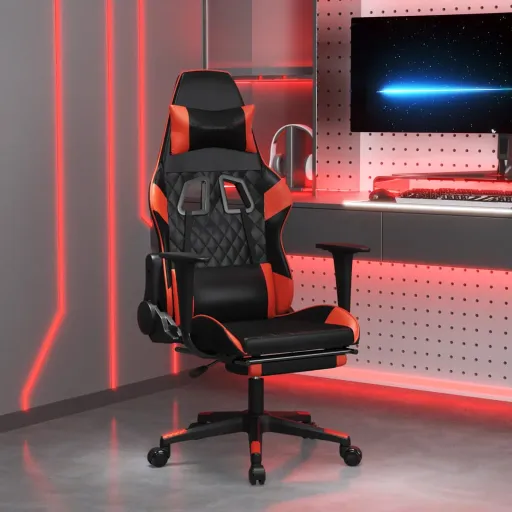 Cadeira Gaming c/ Apoio Pés Couro Artificial Preto e Vermelho