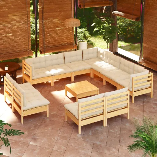 Conjunto Lounge Jardim c/ Almofadões Creme Pinho Maciço (12 pcs)