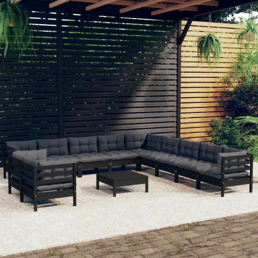 Conjunto Lounge Jardim c/ Almofadões Pinho Maciço Preto (12 pcs)