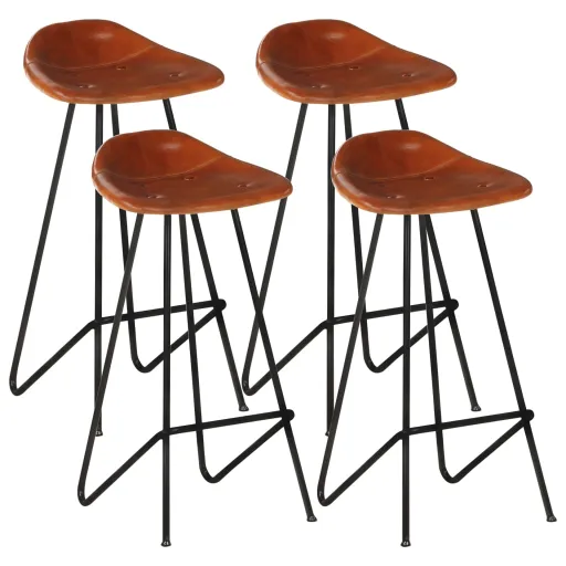 Bancos de Bar   Couro Genuíno Castanho (4 pcs)