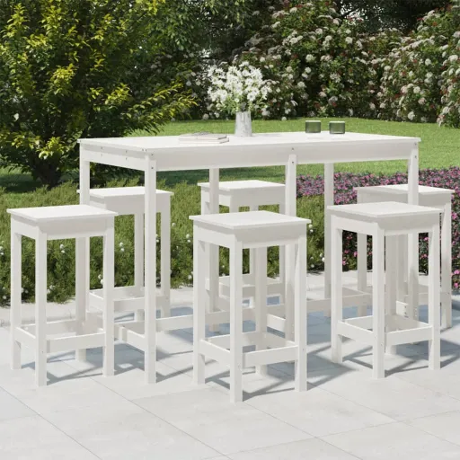 Conjunto de Bar para Jardim Pinho Maciço Branco (7 pcs)