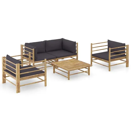 Conj. Lounge Jardim em Bambu c/ Almofadões Cinza-Escuro (5 pcs)