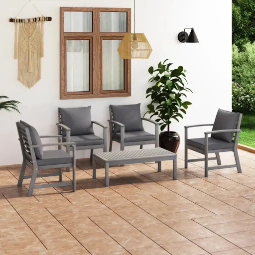 Conj. Lounge Jardim c/ Almofadões Acácia Maciça Cinzento (5 pcs)