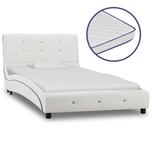 Cama + Colchão Espuma Memória 90x200 cm Couro Artificial Branco