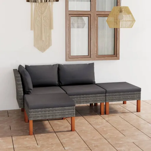 Conjunto Lounge de Jardim c/ Almofadões Vime PE Cinzento (4 pcs)