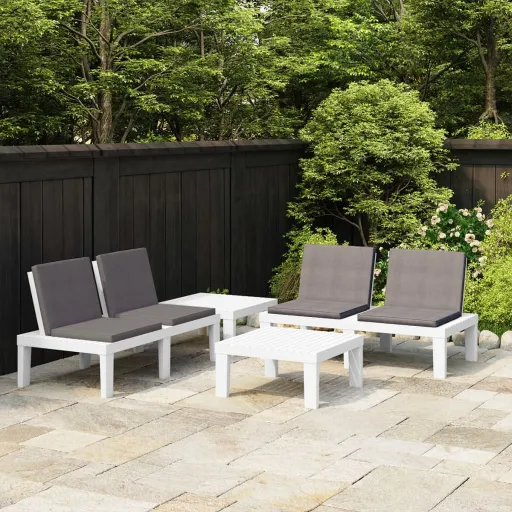 Conjunto Lounge de Jardim com Almofadões Plástico Branco (4 pcs)