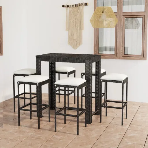 Conjunto de Bar p/ Jardim c/ Almofadões Vime PE Preto (7 pcs)