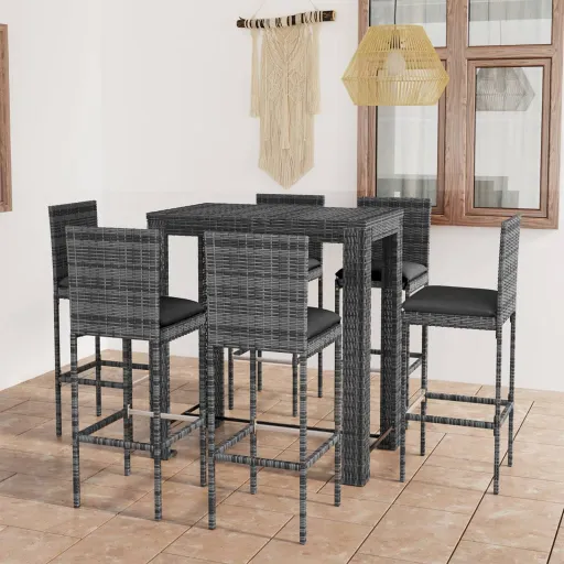 Conjunto de Bar p/ Exterior + Almofadões Vime PE Cinzento (7 pcs)