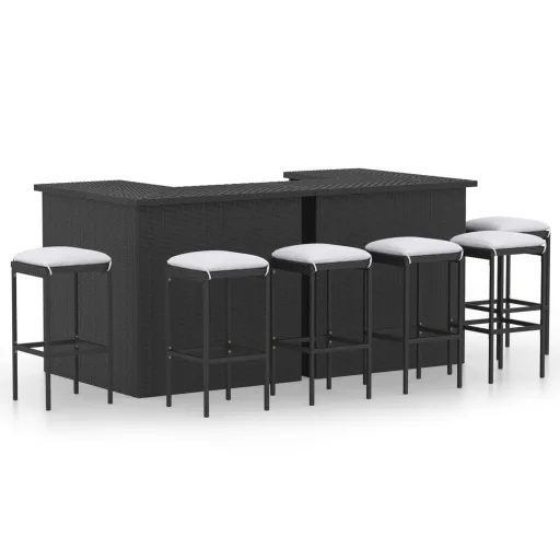 Conjunto de Bar p/ Jardim com Almofadões Vime PE Preto (8 pcs)