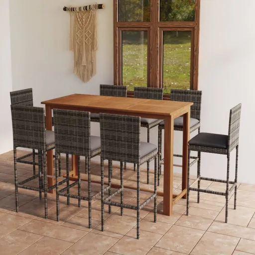 Conjunto de Bar para Jardim com Almofadões Cinzento (9 pcs)