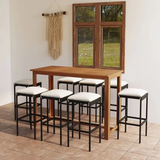 Conjunto de Bar para Jardim com Almofadões Preto (9 pcs)