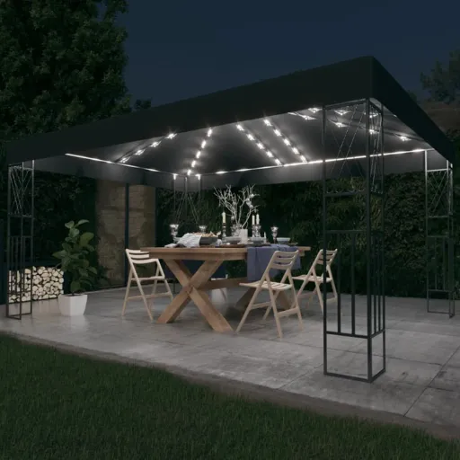 Gazebo com Cordões de Luzes LED 3x4 m Tecido Antracite