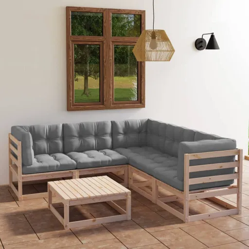 Conjunto Lounge de Jardim com Almofadões Pinho Maciço (6 pcs)