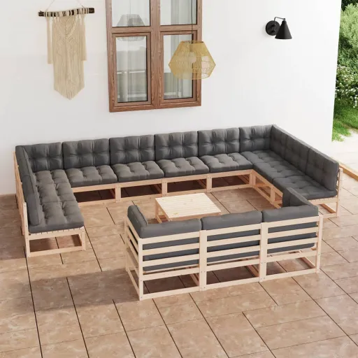 Conjunto Lounge de Jardim com Almofadões Pinho Maciço (14 pcs)