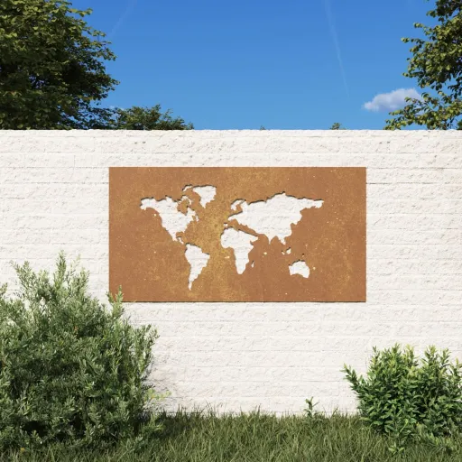 Decoração p/ Muro Jardim 105x55 cm Aço Corten Design Mapa-Múndi