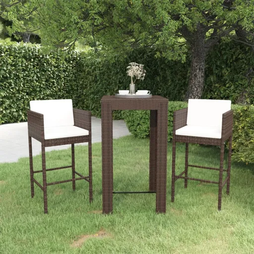 Conjunto de Bar p/ Jardim com Almofadões Vime PE Castanho (3 pcs)